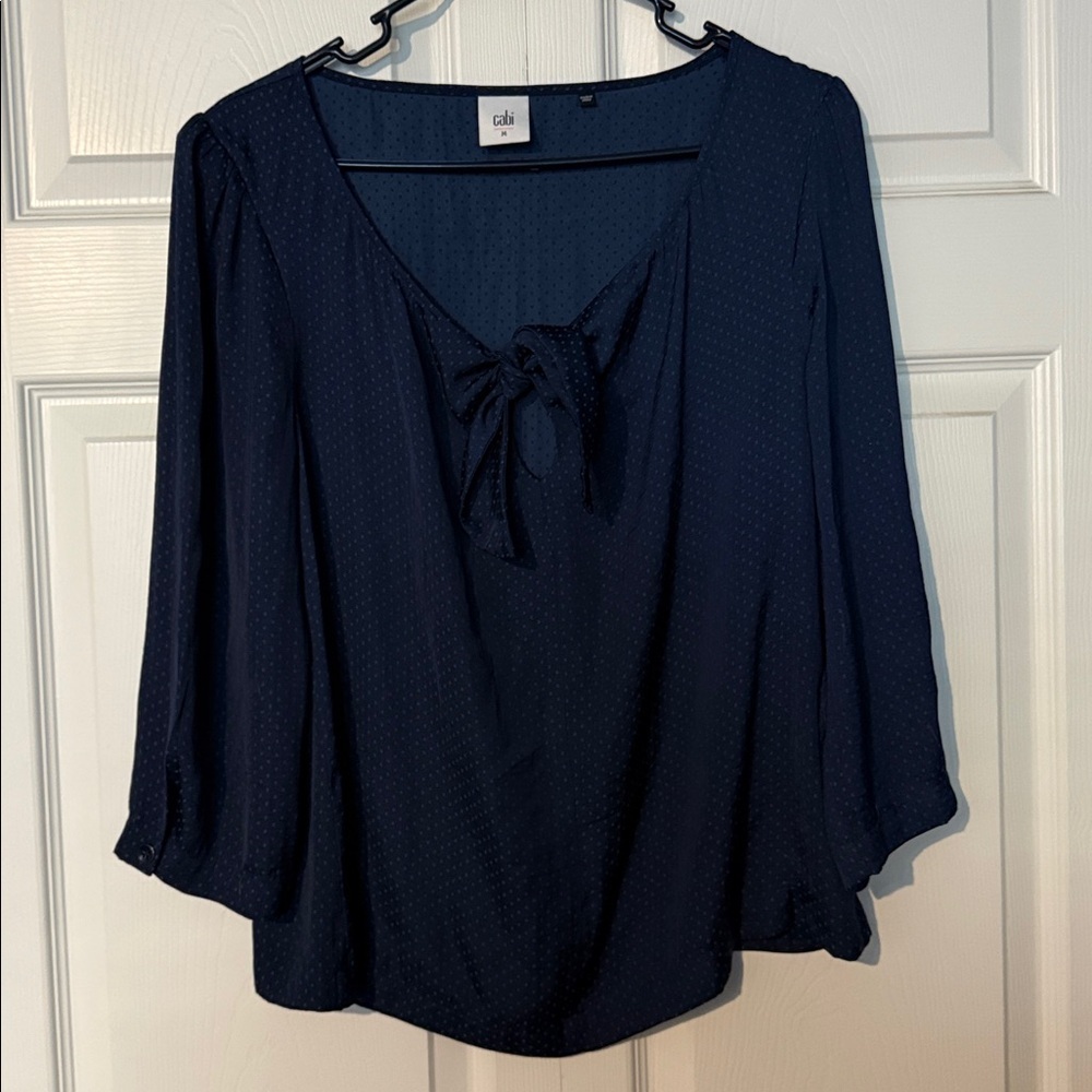Cabi Dark Blue Tie-Front Shirt with Polka Dot Detail - Size Medium